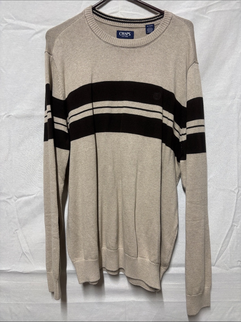 Chaps Beige Crewneck Sweater with Black Stripe Detail